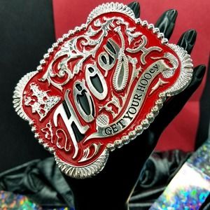 Western belt buckle 3.5x4 inches red and silver